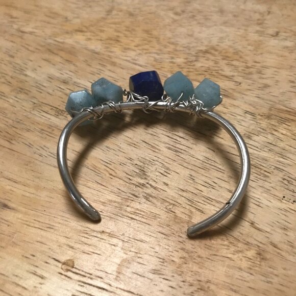 Lapis Lazuli Aquamarine Sterling Silver 925 Cuff Bracelet Handmade Gemstone - Picture 4 of 7
